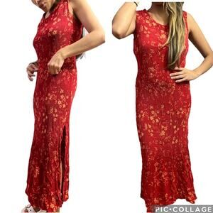 Vintage 90s Lightweight Breathable Floral Red Midi Open Slit Dress Size L